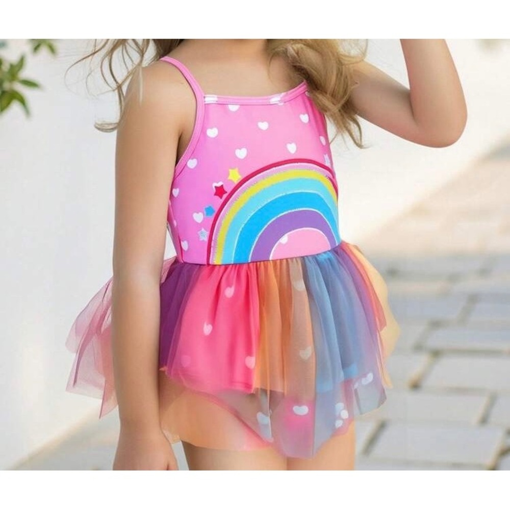 Girls Pink Rainbow Tutu One Piece Swimsuit Heart Print Swim Dress Kids Size 6